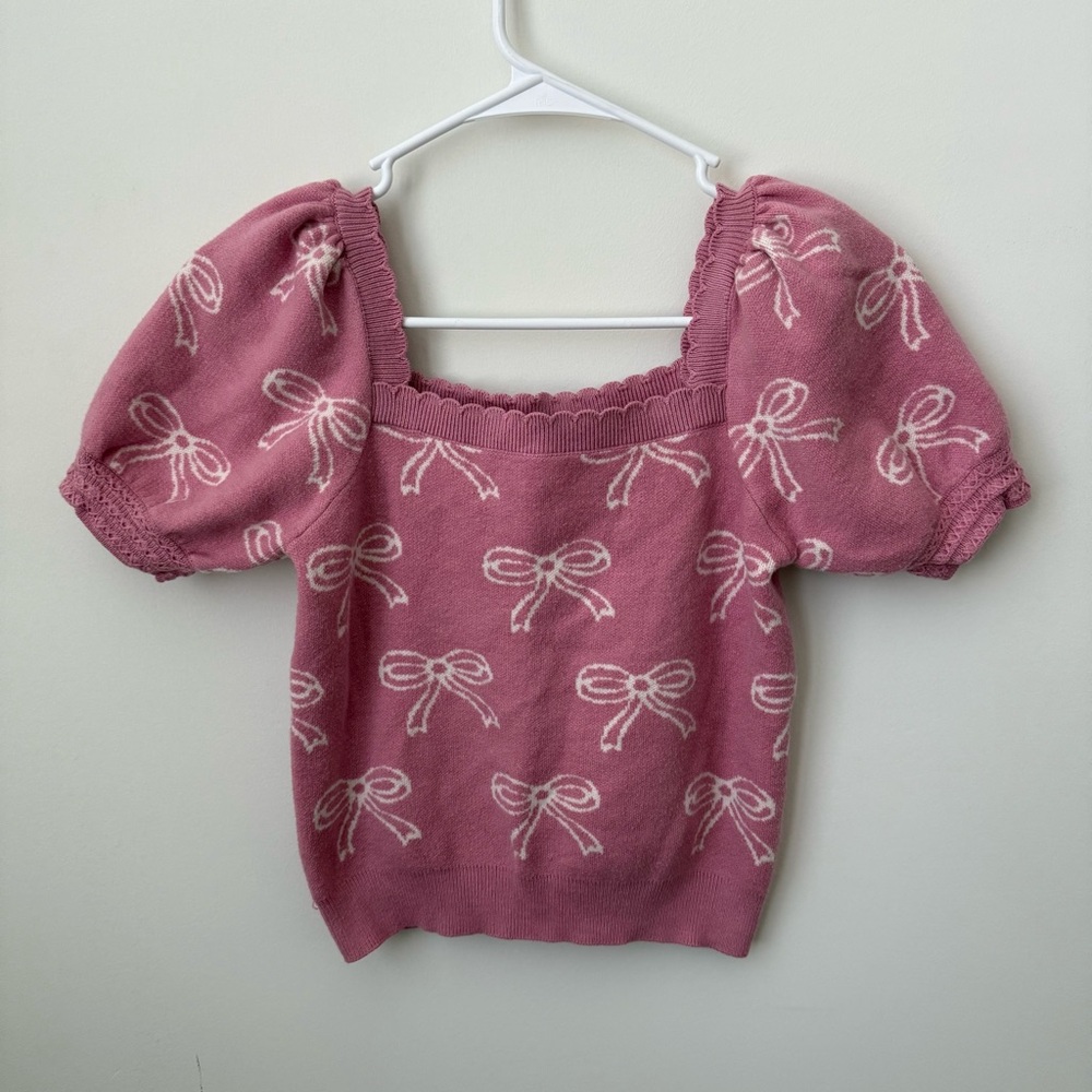 Willow & Wind‎ Pink Puff Sleeve Knit Top Size Small Bow Ribbon Preppy